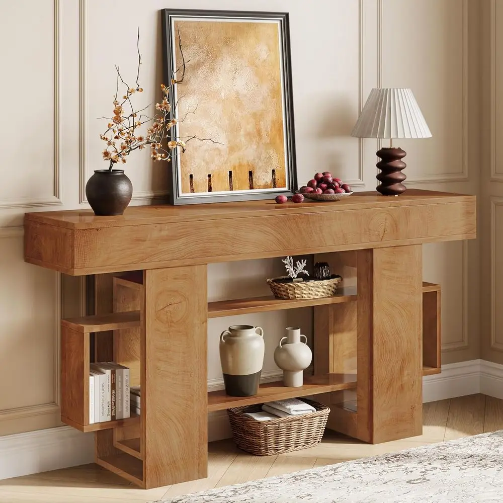 63 Inch Long ole Table or Entryway, armhouse Wooden Soa Table Behind Couch with 3-Tier Storage Shel, Narrow Entry Accent Table o