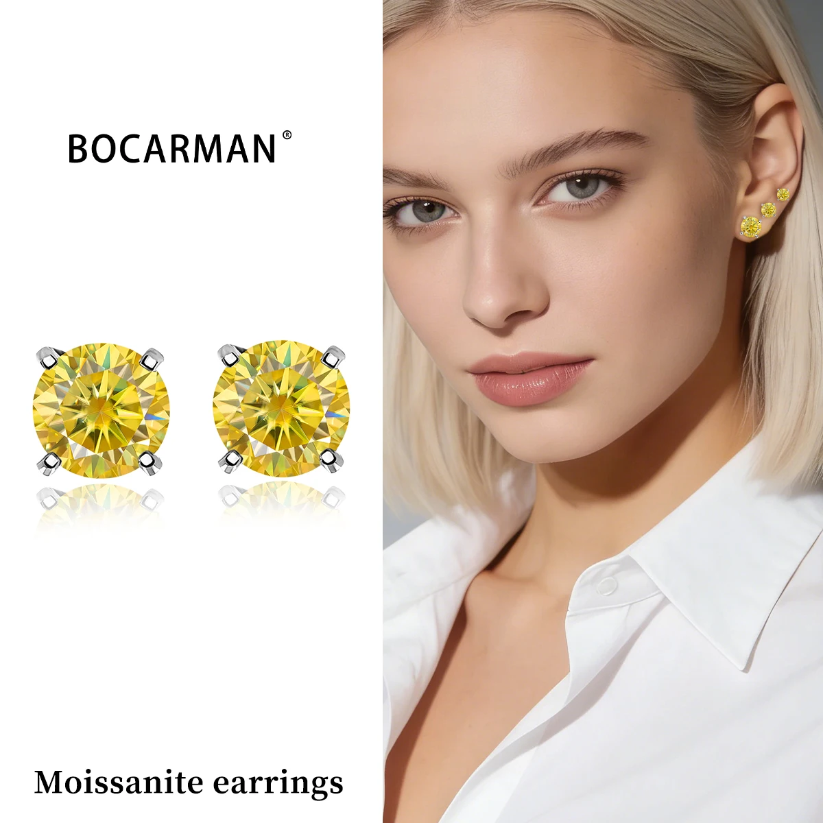 BOCARMAN GRA 0.3-3 Carat Certified S925 Sterling Silver Four-Prong Moissanite Earrings for Women Lemon Yellow Fine Jewelry