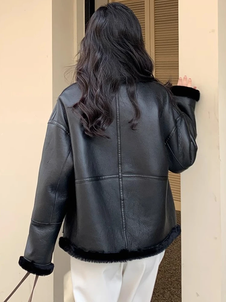 Black Genuine Leather Real Fur Coats for Women High-end Simple Stand Collar Double-sided Wear Design Winter Lambswool Jacket