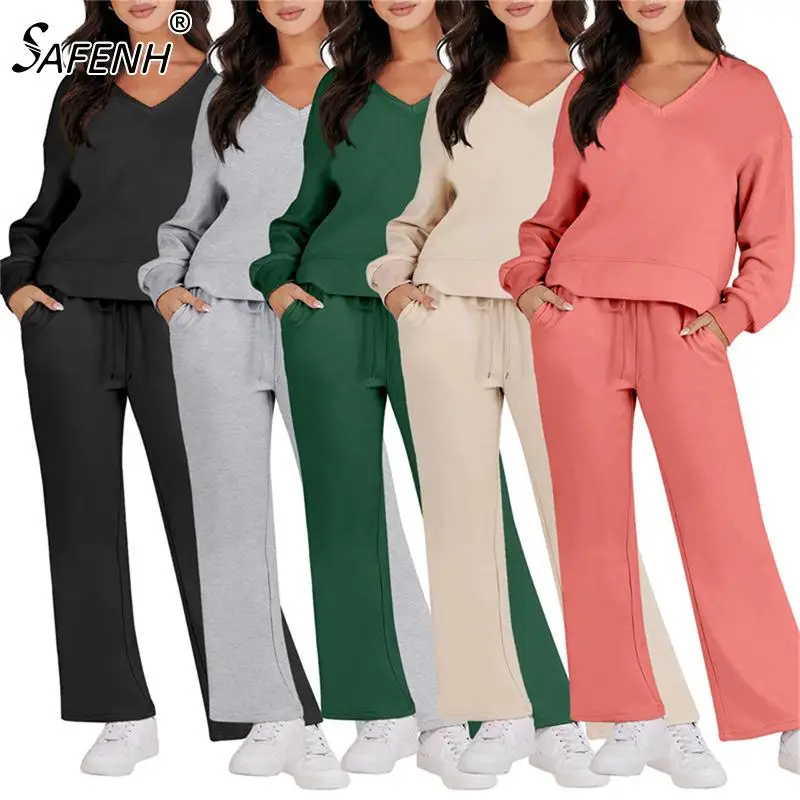 

2024 Autumn Winter Solid Color V-neck Pullover Trousers Women's Fashion Casual Long-sleeved Sweatshirt Suit