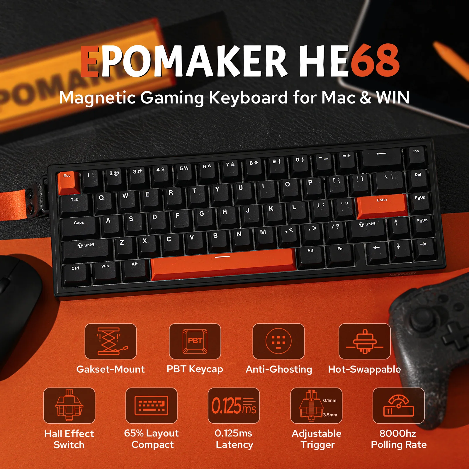 

EPOMAKER HE68 65% компактная раскладка Проводная проводная магнитная игровая клавиатура NKRO DKS SOCD 8 кГц с регулируемым спуском