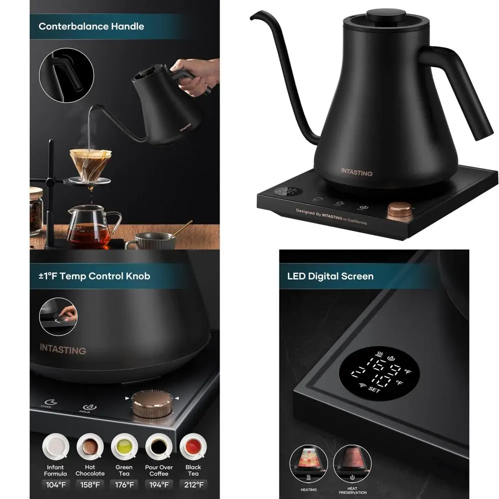 

Precision Temp Gooseneck Kettle, ±1°F Control, Stainless Interior, Fast Boil, 0.9L for Coffee & Tea Brewing