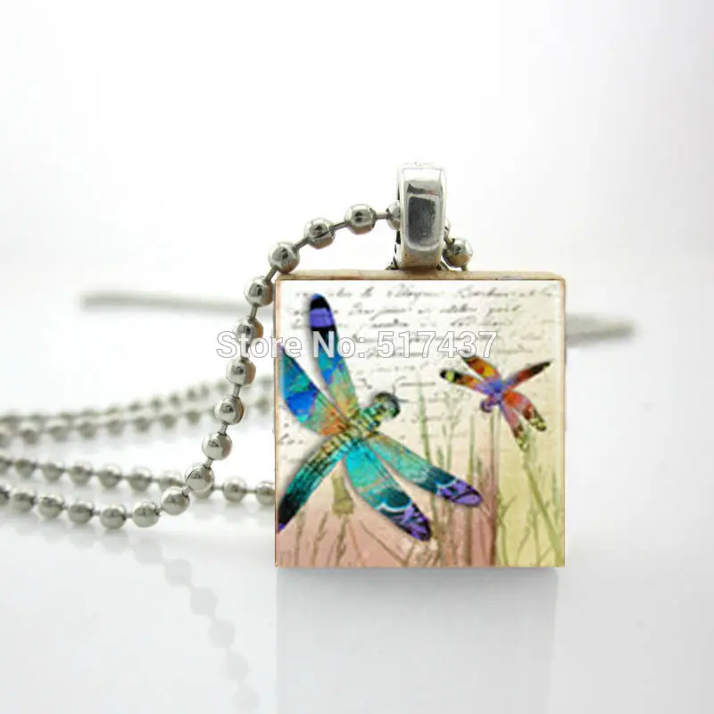 2015 New Dragonflies Glass Necklace Scrabble Tile Pendant with Ball Chain Included Wooden Scrabble Tiles