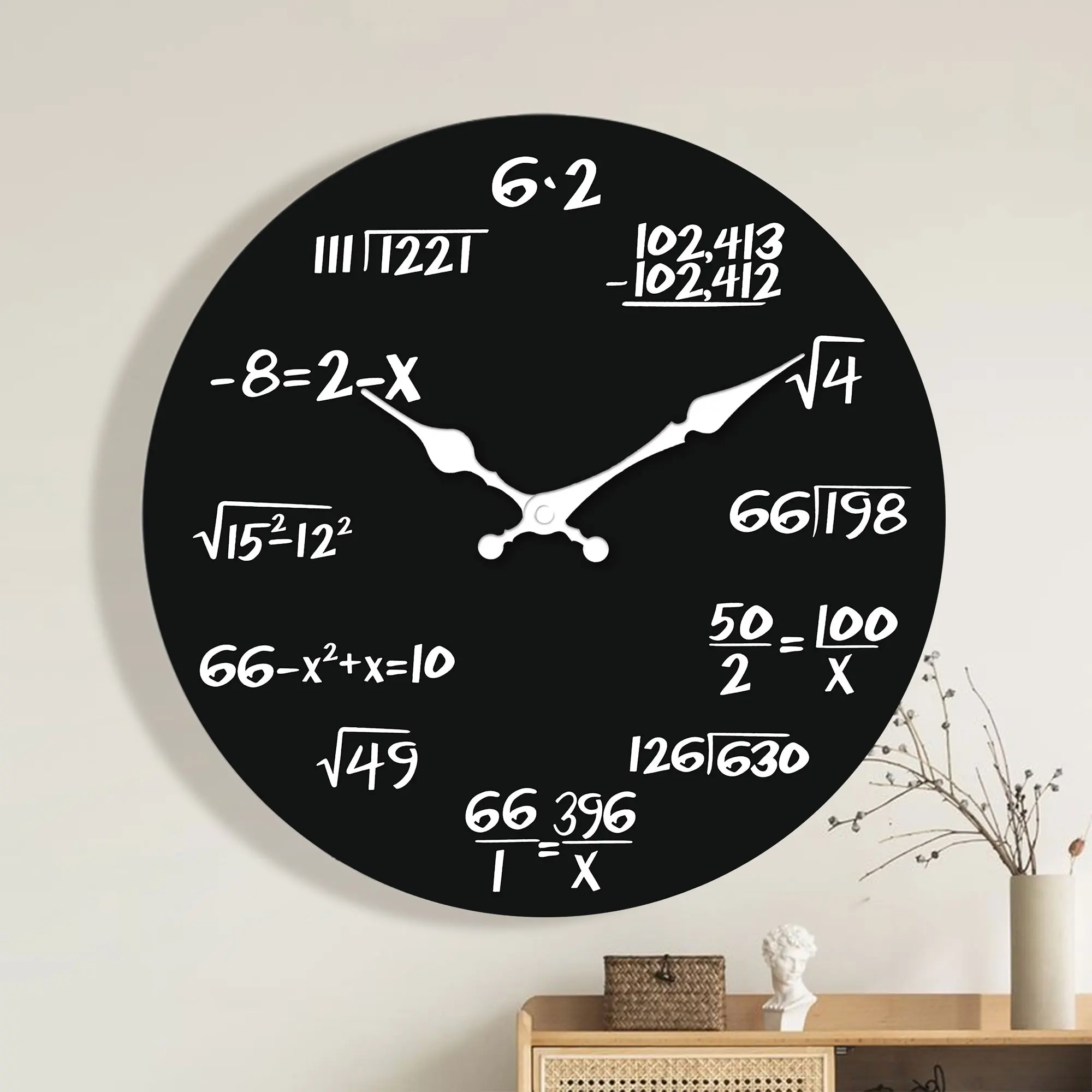 1pc round wooden wall clock, Mathematical formula design instructional wall clock, silent clock, suitable for living room bedroo