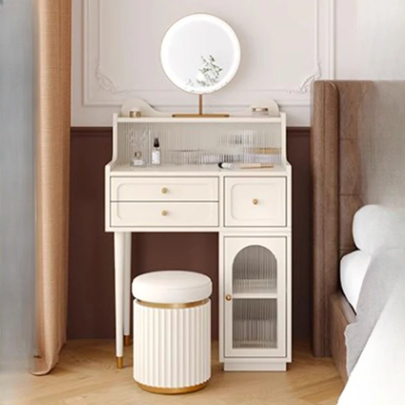 Waterprrof Led Dresser Drawers Glass Design Nordic Modern White Makeup Table Women Bedroom Wood Mesa De Maquillaje Furniture