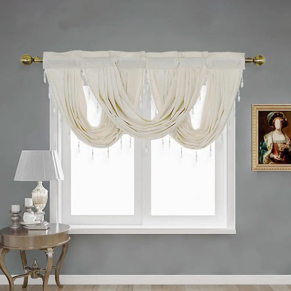 Short Window Curtain Valance Beaded Tassel Pleated Sunshade Curtain Semicircle Kitchen Bedroom Decor Voile Drape Sheer Curtain