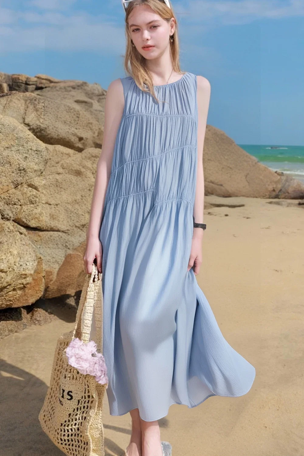 

Miflame женское нежное вечернее платье, лето 2025, элегантное плиссированное свободное платье трапециевидной формы без рукавов с круглым вырезом, простое повседневное стильное платье