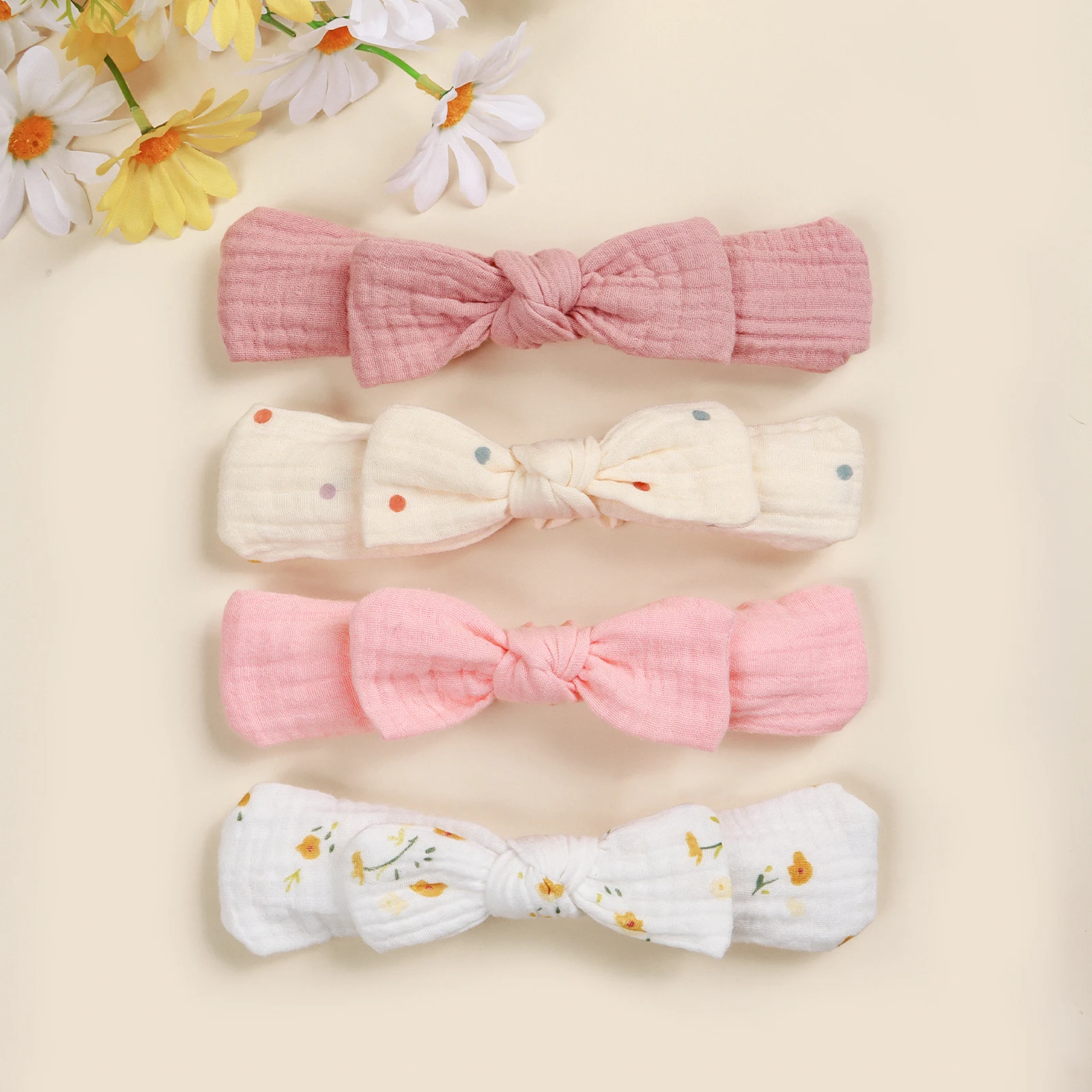 

4pcs Solid Color Printed Bow Elastic Band Sweet Cute Sports Headband For Girls Children's Daily Wide Brimmed Hair Accessories