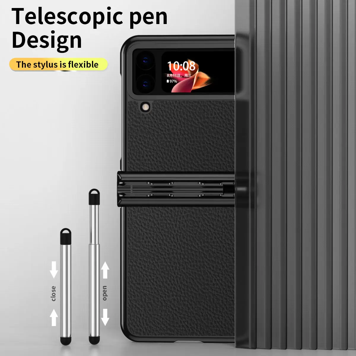 Electroplated Plain Leather Case For Samsung Galaxy Z Flip 4 with Double Hinge and Telescopic Pen Design Full Protection Cover