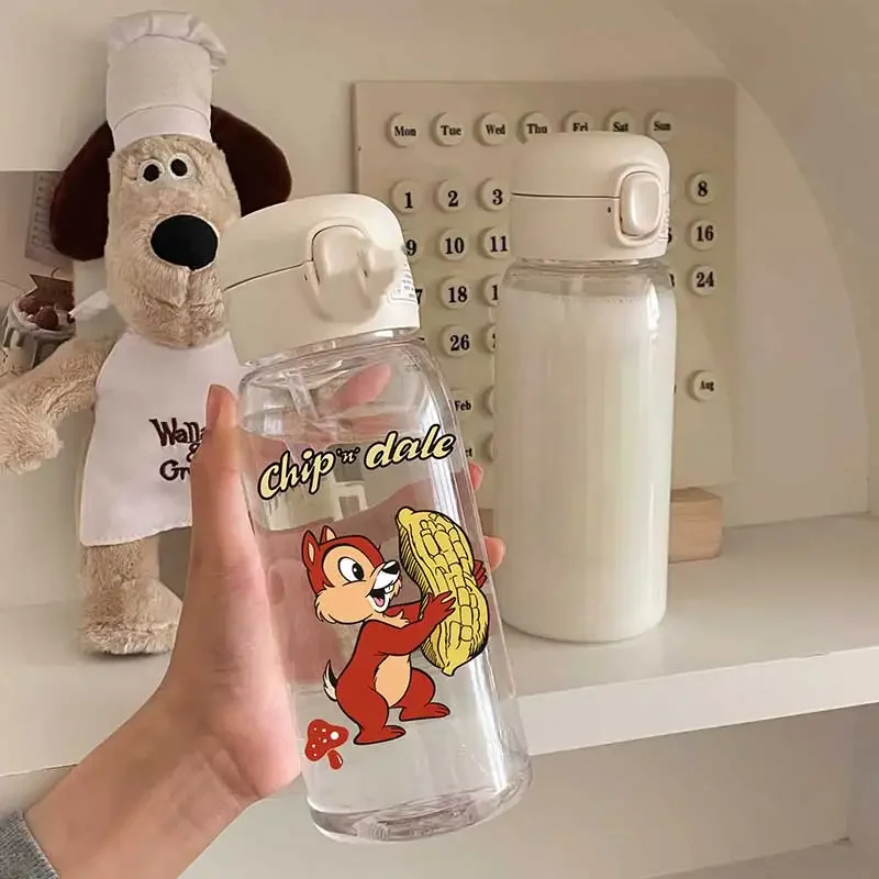 600ML Cartoon Chip&Dale Large Capacity Straw Water Cup Student Sports Travel Plastic Water Cup Portable Drinking Water Bottle