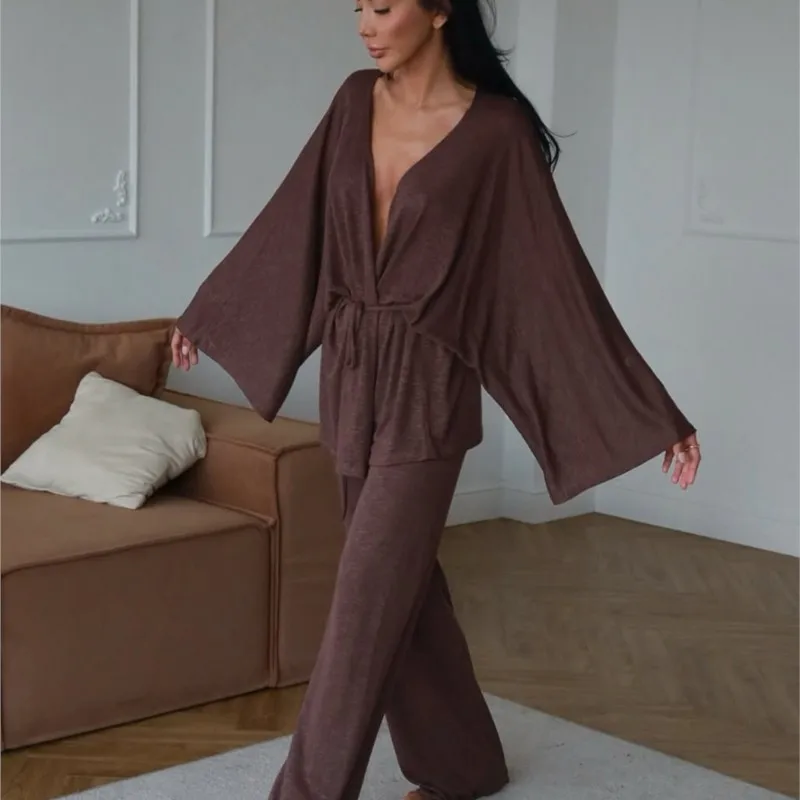 Women Modal Pajama Set V Neck Loungewear Long Sleeve Pants Lazy Semi Sheer Tie Front Top Sleepwear Home Wear Comfy Belted