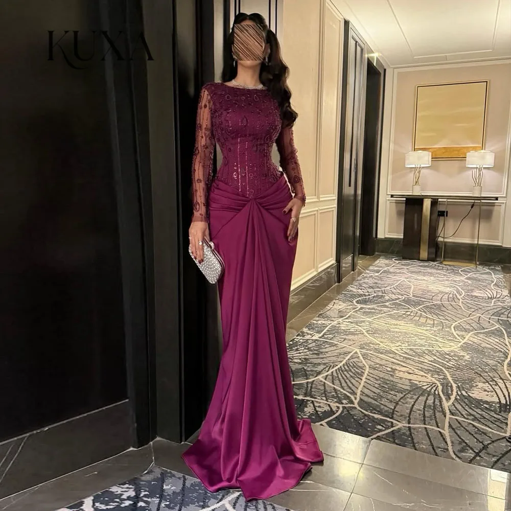 KUXA Maßgeschneidertes, hochwertiges, formelles Luxus-Abendkleid, glitzernde lange Ärmel, Meerjungfrau, bodenlang, Anlass, elegantes Partykleid