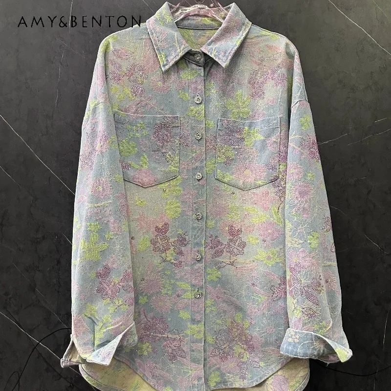 

Элегантная джинсовая рубашка-пальто с жаккардовым узором и стразами, с длинными рукавами, весна 2026, женская, свободного кроя, повседневная, модная, молодежная, трендовая блузка