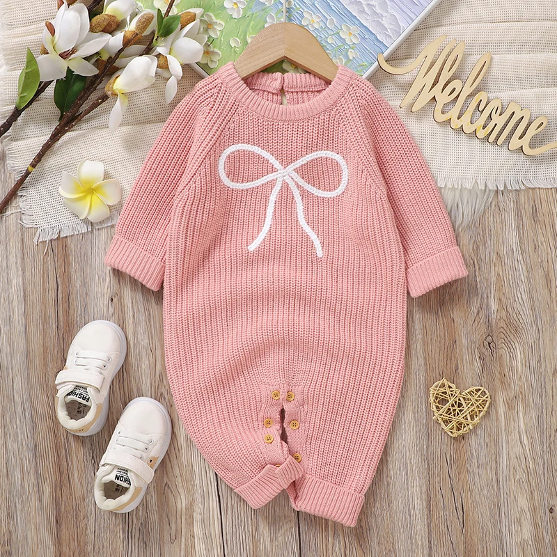 Rosa Baby Mädchen Strampler Kleidung Herbst Casual Lange Ärmel Stricken Neugeborenen Bowknot Overalls Playsuits 0-18m Kleinkind Outfits