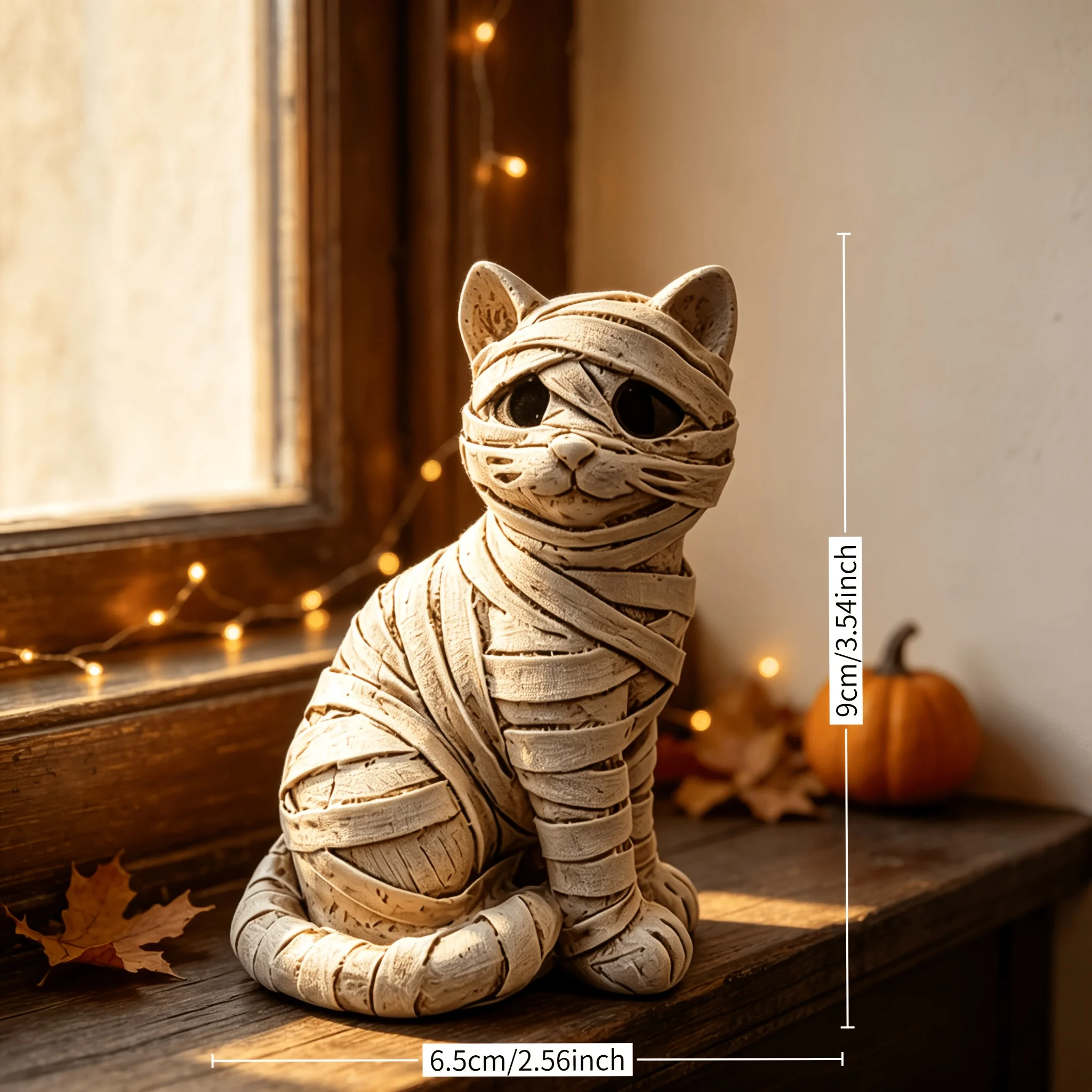 Vintage Egyptian Mummy Cat Figurine, Hand Wrapped Bandage Resin Statue, Hollow Dark Eyes, Academia Gothic Halloween Decor Gift
