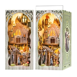DIY Book Nook Kit, DIY Miniature Dollhouse Booknook Kit, Wooden 3D Puzzle Bookend Bookshelf Insert Decor with LED Light for Teen