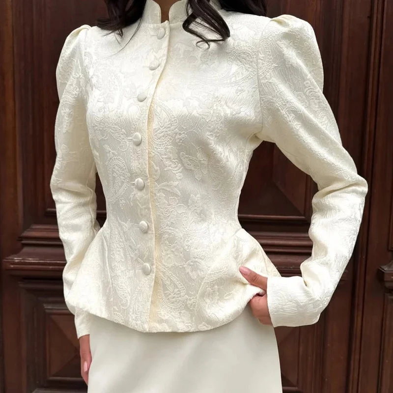 Vintage Jacquard Blazer Women Stand, Collar Puff Sleeve Peplum Jacket, Autumn Elegant Office Lady Suit, Coat Solid Color Outfit
