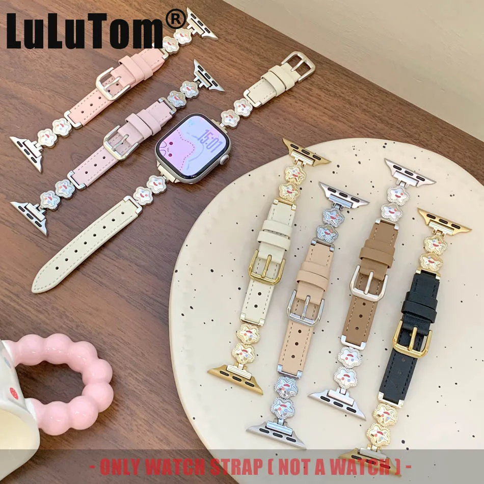 سوار أنيق من الجلد المعدني لساعة Apple Watch Series 11 10 9 8 7 6 SE 5 4 3 2 UItra iWatch 49 مم 46 مم 45 مم 44 مم 42 مم 41 مم 40 مم 38 مم أحزمة سوار زهرة وجه مبتسم