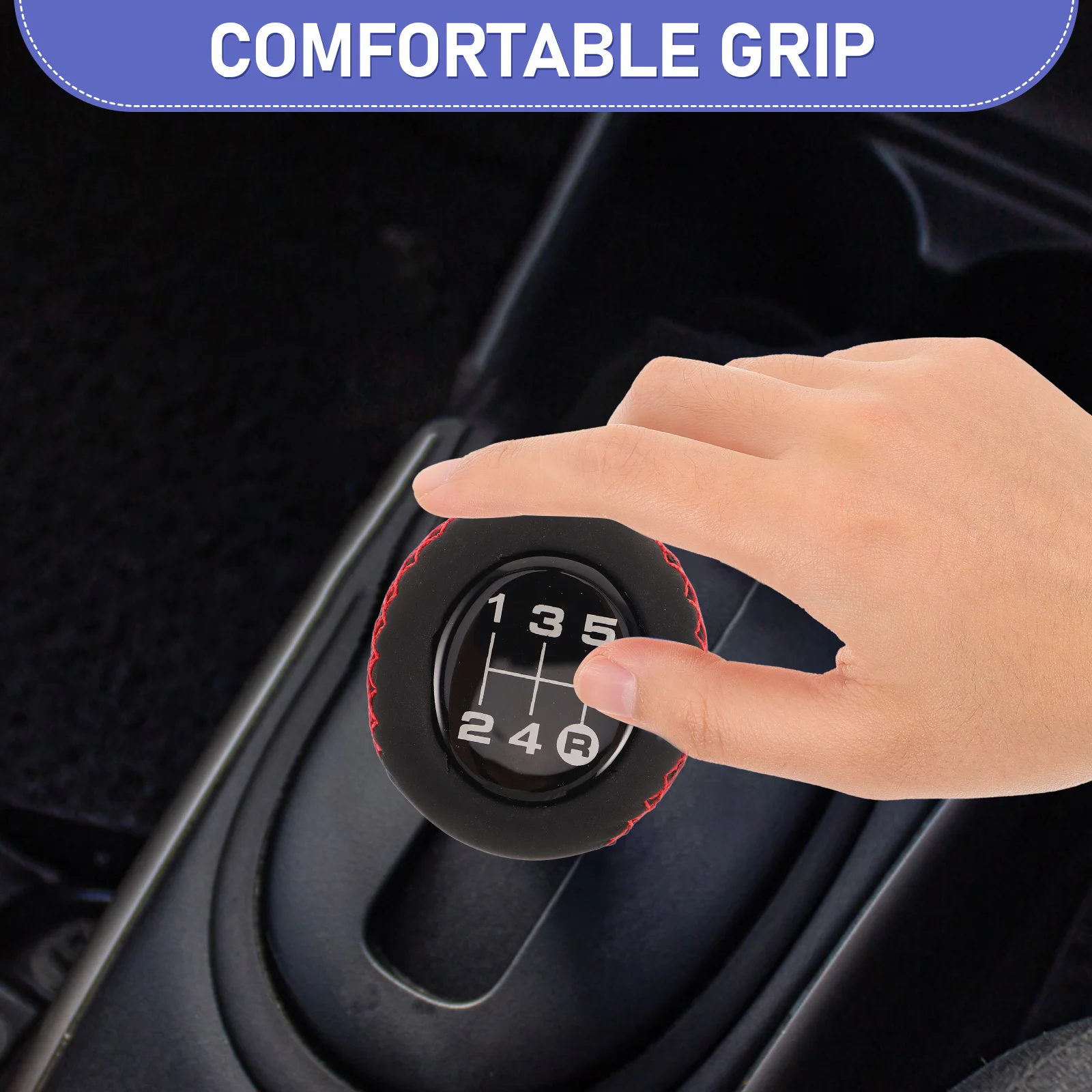 

5 Speed Manual Gear Shift Knob Black Red Stitching PU Universal Car Shifting Handle Easy Install Stylish Design
