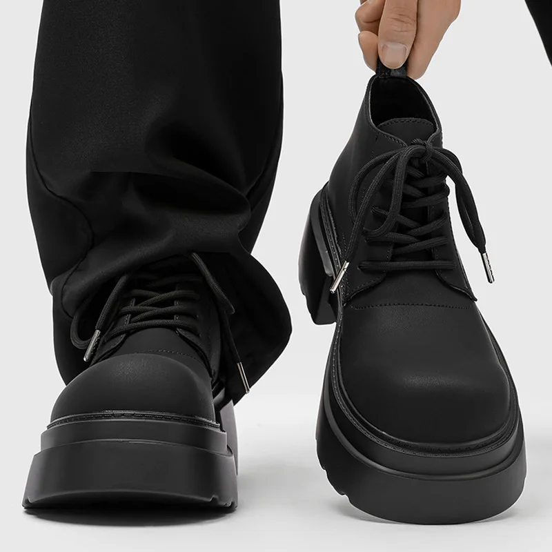 mens casual hip hop rock platform boots black matte shoes lace-up cowboy natural leather boot designer cool ankle botas hombre