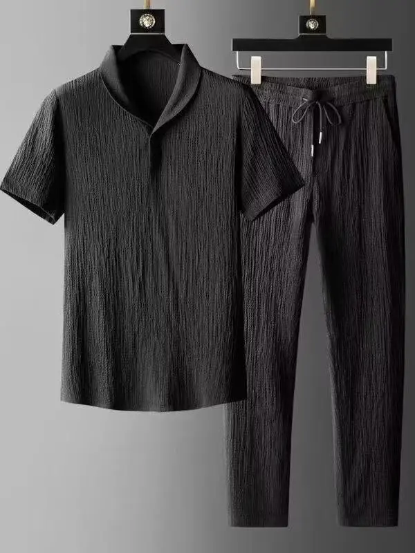

Ice Silk Linen Casual Set Men's Summer Large Size Sports Trendy Brand Breathable Thin ort Sve Nine-Piece Pants Two-Piece...