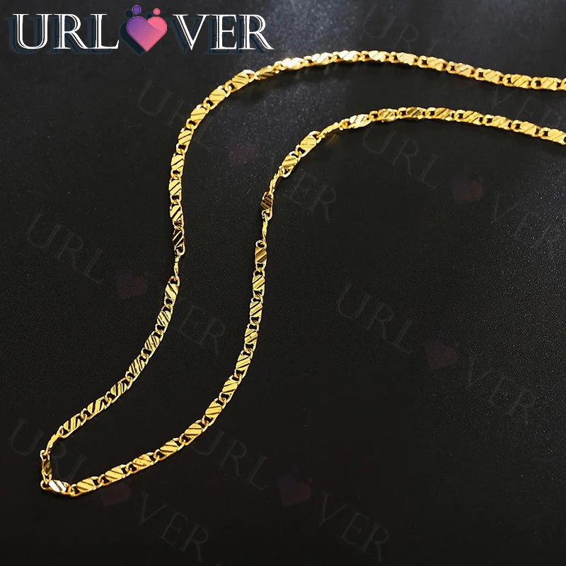 

URLOVER 40-75cm 18K gold 925 Sterling silver charm 2MM flat chain Necklaces for Women Men Luxury Fashion Party Wedding Jewelry