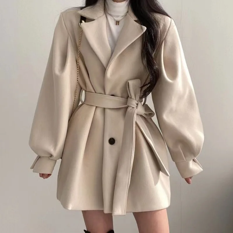 Woman Woollen Overcoat Winter turn-down Collar Waist Belt Lantern Sleeve Solid Color woman's Coats Dropshipping GZBH2145