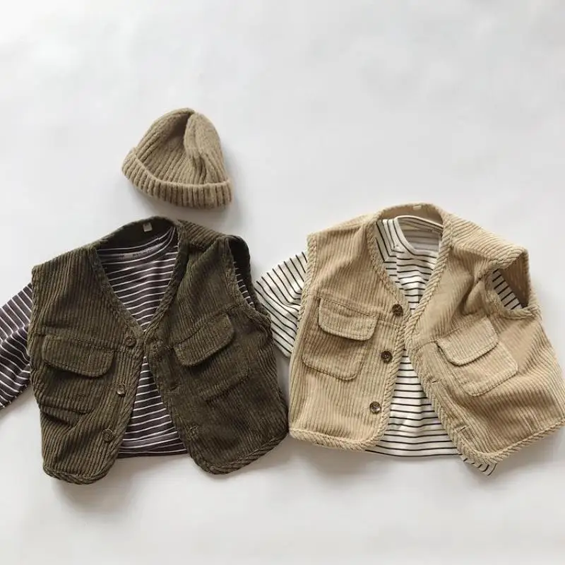 2024 Autumn New Children Corduroy Vest Cardigan Vintage Girls Sleeveless V-neck Vest Baby Casual Jacket Toddler Packet Vest