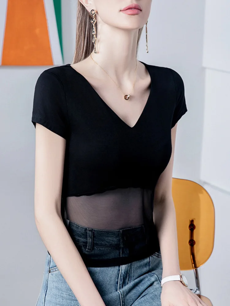 

Spicy Girl Style Modal V-Neck T-Shirt Short Sleeved 2025 Summer New Black Mesh Splicing Sexy Women's Top