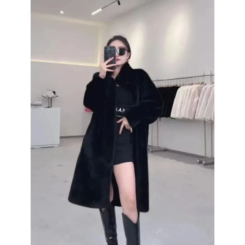 New Faux Mink Fur One-piece Coat with Stand-up Collar Casual Thickened Mid-length Noble and Eco-friendly Fur Fashion Women Wear