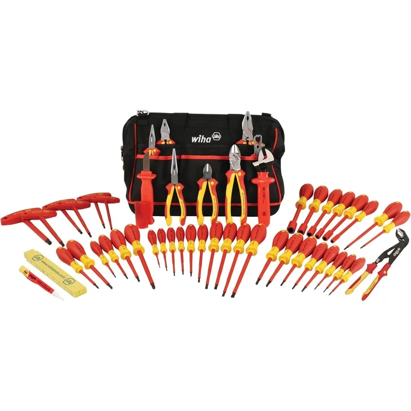 

Cutters, Nut Drivers, Screwdrivers, T Handles, Knife, Ruler and Voltage detector, 50 Piece Set in Canvas Tool Bag