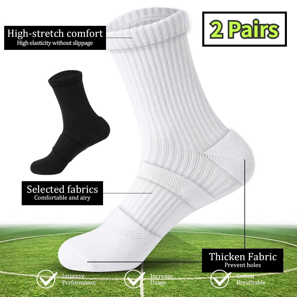 2 Pairs Men\'s Long Sports Socks Black White Football Basketball Running Cycling Socks Outdoor Cotton Socks Breathable