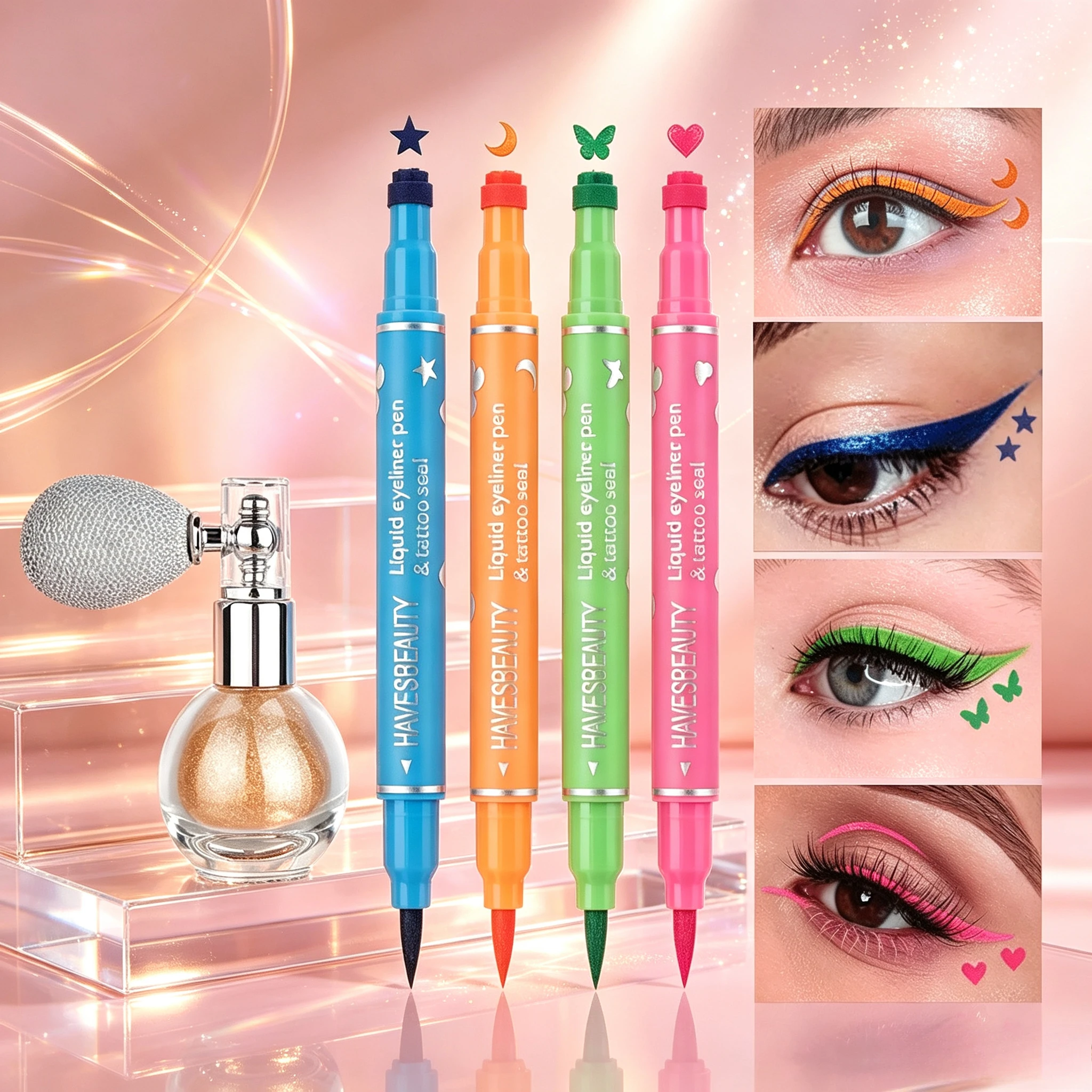 5-piece makeup set with shimmer highlight spray + 4 double-ended liquid eyeliner pens set, waterproof and long-lasting shimmer powder compact, star and moon butterfly heart-shaped tattoo eyeliner pen, suitable for Halloween makeup gift set