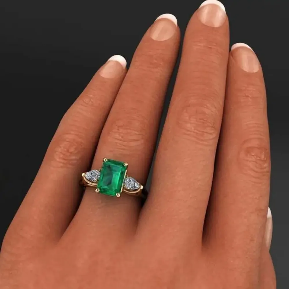 ZY 14k Gold color Green Emerald Ring for Women Emerald Gemstone Ring for Females