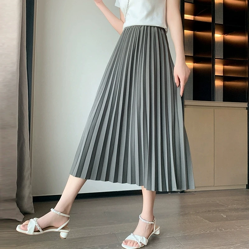 

Solid Color Pleated Skirts for Women Vintage Elastic High Waist Long Skirt Woman Elegant All-match Loose A-Line Skirt 2025 New