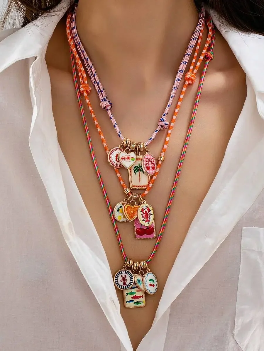 

Boho Multilayer Fruit Lobster Charm Necklace For Women Enamel Pendant Colorful Rope Layered Statement Jewelry