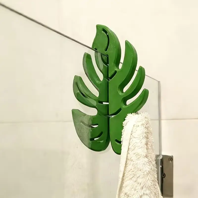 Green Monstera Leaf Over Shower Door Hook With No Drill Installation
