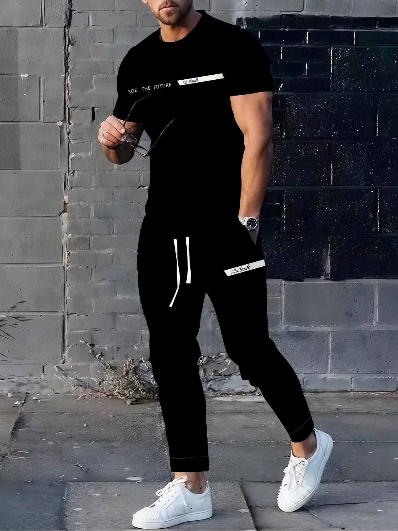 

Summer New Men's Letter Printed Comfortable Breathable Round Neck T-shirt Micro Elastic Pants Set Outdoor Casual Clothing