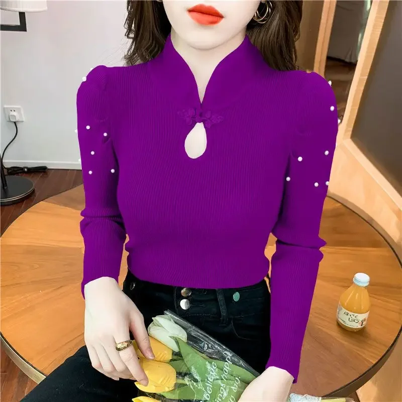 

Elegant Solid Color Button Beading Hollow Out Blouses Women's Clothing 2023 Autumn Winter Slim Korean Tops Puff Sleeve Shirts