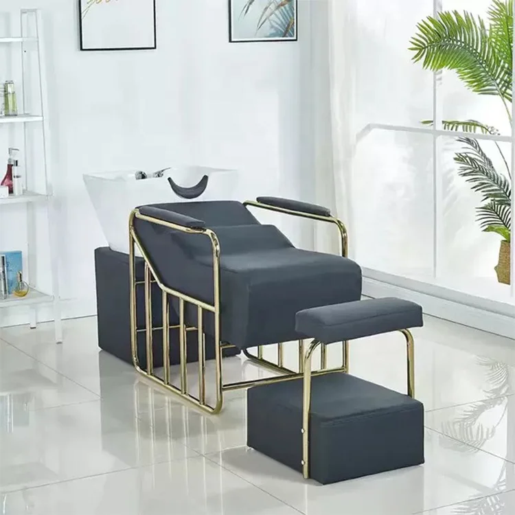 

Modern Gold Metal Frame Barbershiop Washing Bed Reclining Shampoo Bowl and Chair for Sale