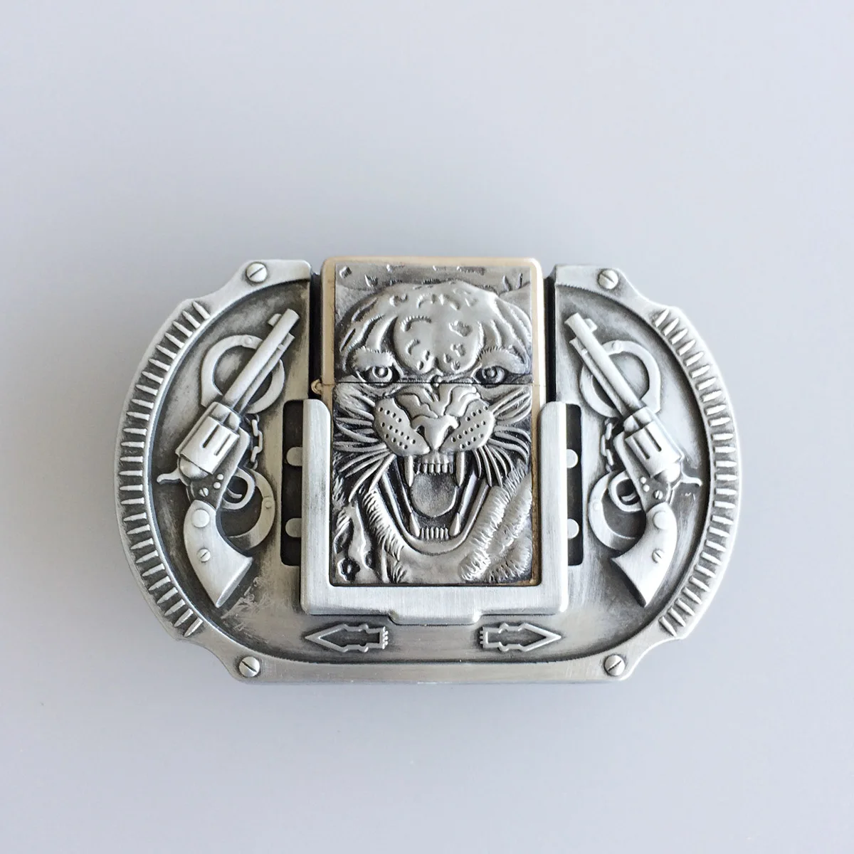 

Antique Brushed Silver Vintage Tiger Guns Lighter Belt Buckle Gurtelschnalle Boucle de ceinture BUCKLE-LT016AS also Stock in US