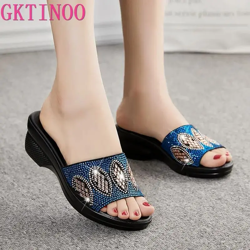 GKTINOO Women Slipper\'s 2024 Ladies Summer Slippers Genuine Leather Shoes Women Med Heels Fashion Rhinestone Summer Shoes