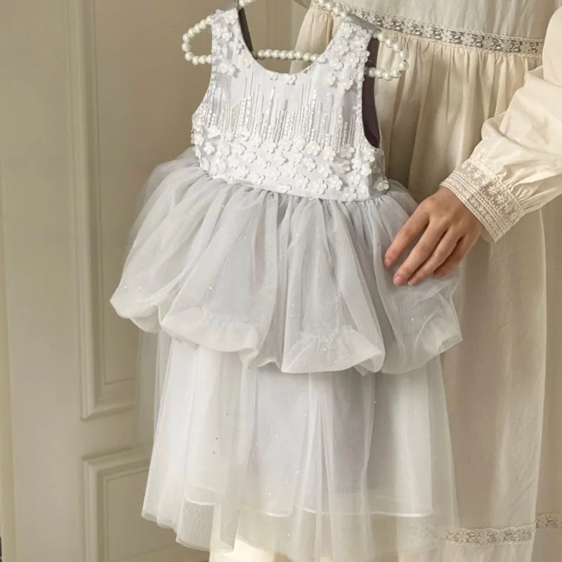 Baby Girl Princess Sequined Flower Tutu Dress Sleeveless Infant Toddler Child Vintage Tulle Vestido Summer Baby Clothes 1-7Y