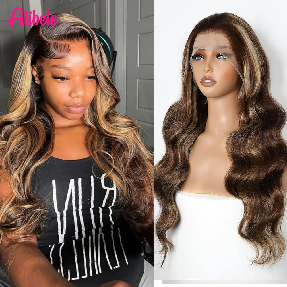 

Alibele Body Wave 13x4 Lace Frontal Wig Highlight P4/27 Colored Wigs Transparent Lace Front Wig Ombre Honey Blonde Brown Wig 12A