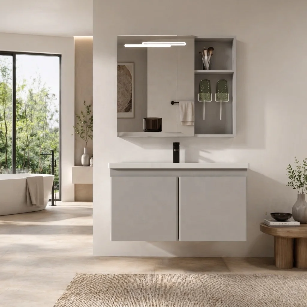 80cm Modern Wall Hung Moisture Proof Vanity Set Makeup Ceramic Sink Table Bathroom Vanity With LED Mirror Cabinet For Bathroom