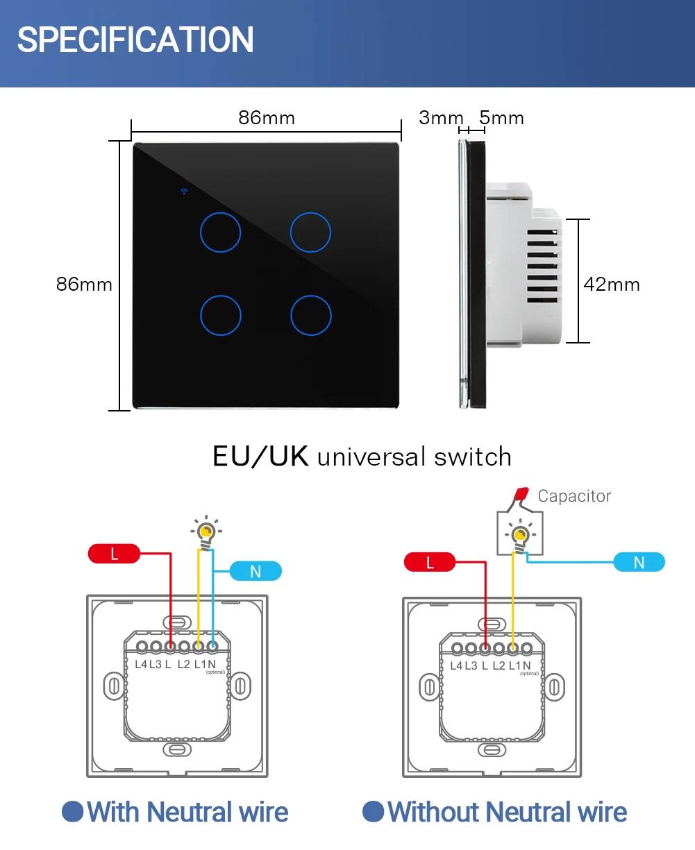 Somgoms WiFi Wall Touch Light Switch Wireless Remote Control Tuya/Smart Life App Backlight Alexa Google Voice  EU 2/3way