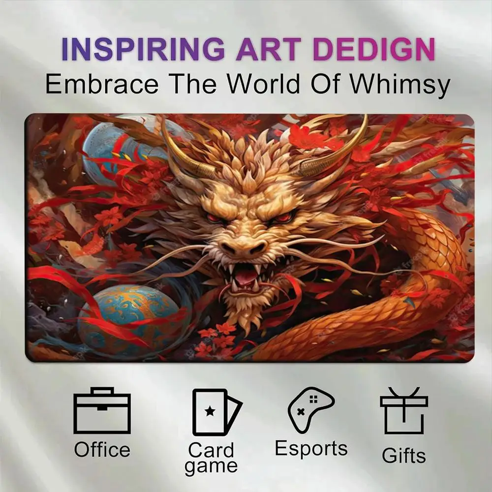 XL Extended Desk Pad Fantasy Golden Chinese Dragon with Red Ribbon Mousepad Non-Slip Rubber Base Waterproof Keyboard Mat
