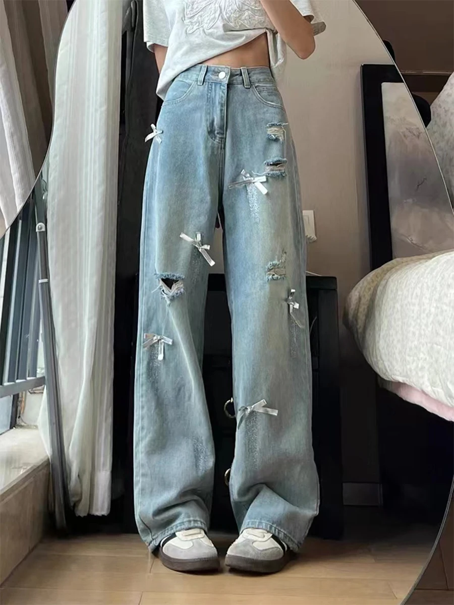

Ripped Straight Leg Washed Denim Jeans Spring Bow Loose Fit High Waist Wide Leg Floor Length Pants 2025 New Women's Clothing