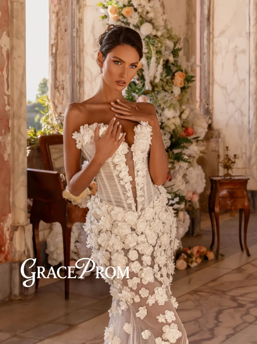 Fashion-Forward Strapless Boned Corset Wedding Dress 3D Floral Embellished Mermaid Bridal Gown For Romantic Brides Customized