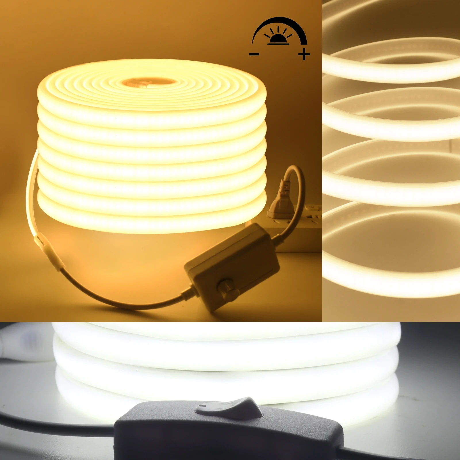 COB LED Strip Light With EU Switch/Dimmer Plug 220V 230V 240V Waterproof IP65 Tape Kitchen Cabinet Lamp 3000K 4000K 6000K Ribbon